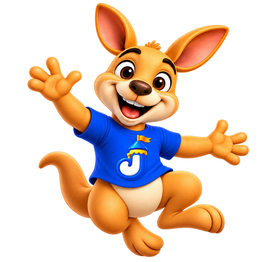 Mascote Jumpy pulando e dando boas-vindas